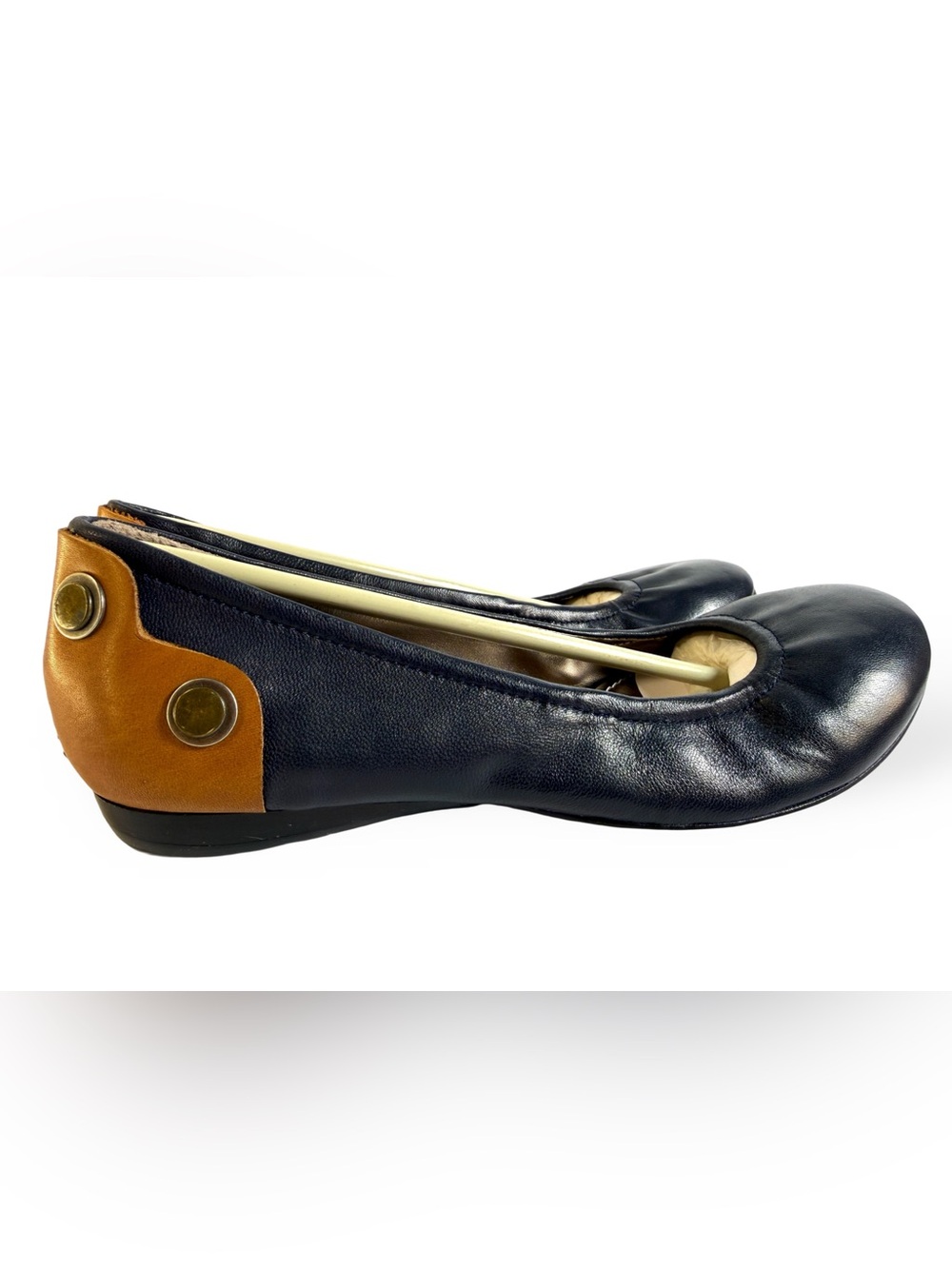 B. Makowsky Navy Leather Ballet Flats with Tan Trim